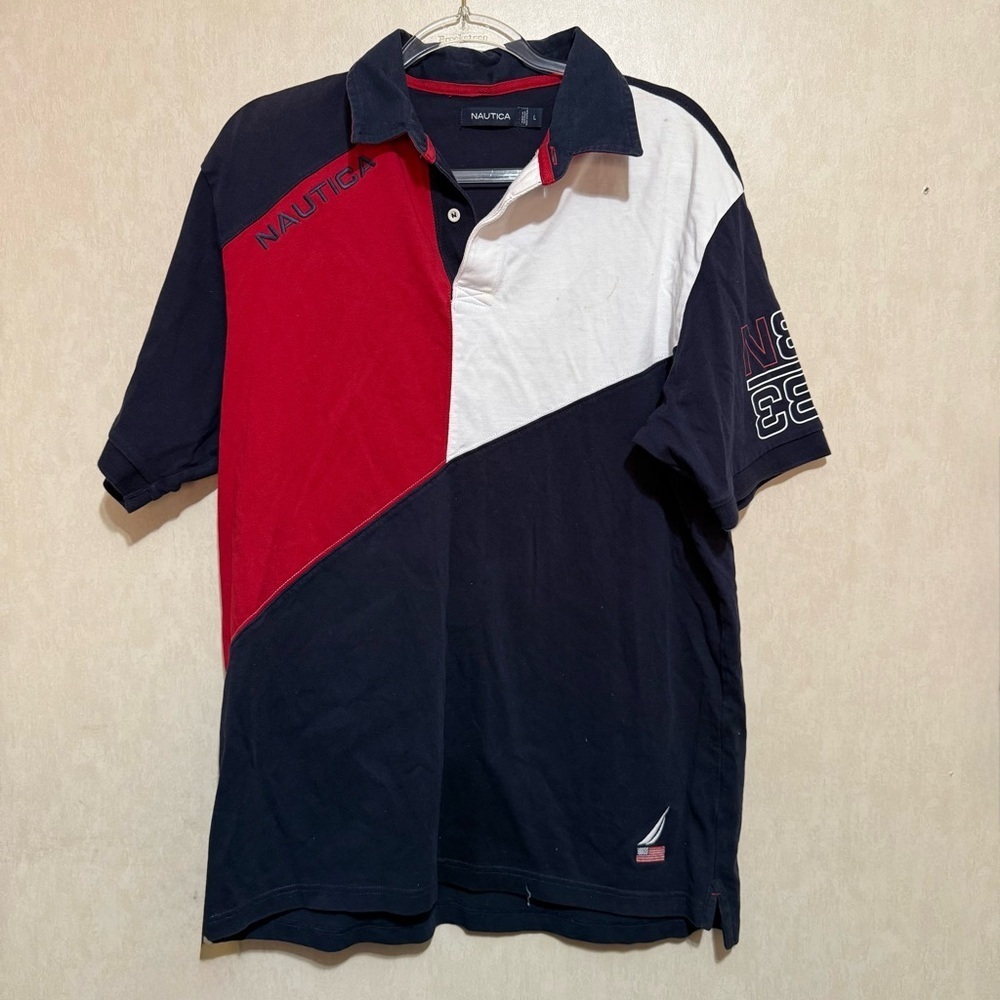 Nautica Blue White Red Cotton Colorblock USA Spellout Polo Shirt